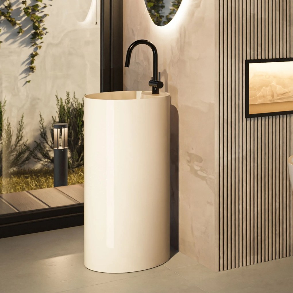 Umywalka z konglomeratu wolnostojąca okrągła beżowa błyszcząca 87 x 44 cm KALMI BEIGE GLOW z otworem na baterię : Podłączenie syfonu - Do ściany