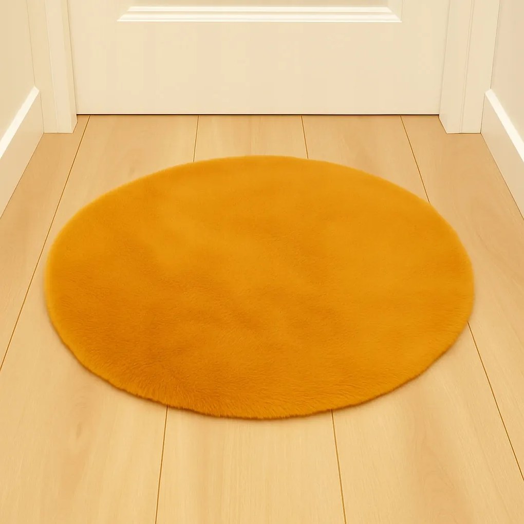 Dywanik Musztardowy Futrzany FI 80cm Puszysty Dekoracyjny Antypoślizgowy