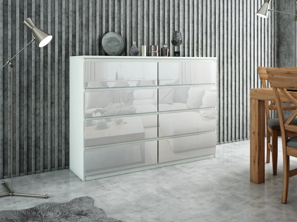 Komoda NUDO - Biały / Front Biały / Połysk / 120 cm / 8 szuflad