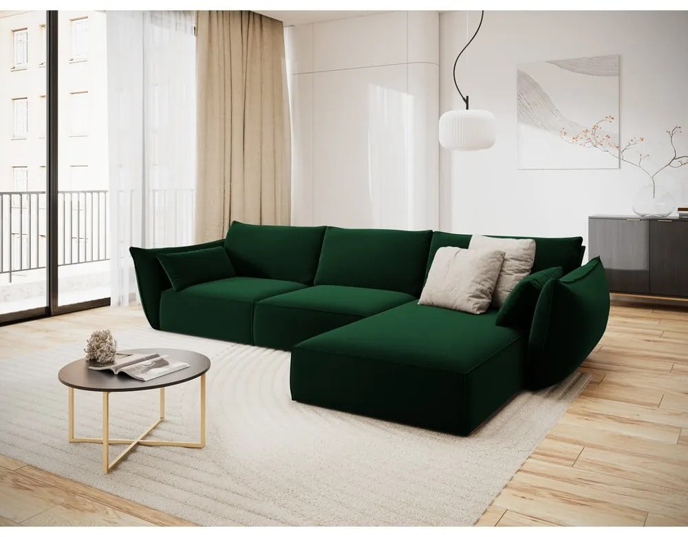 Ciemnozielony aksamitny narożnik (prawostronny/z szezlongiem) Vanda – Mazzini Sofas