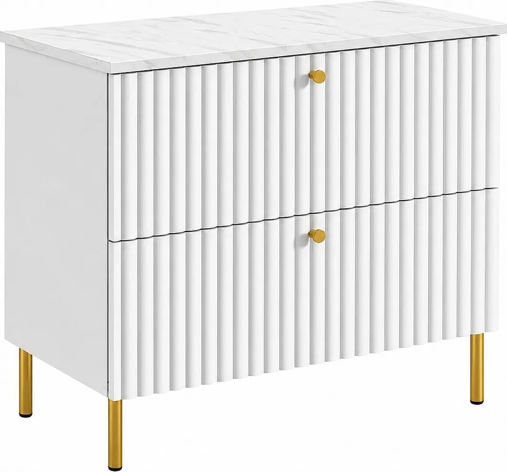 Szafka łazienkowa stojąca z blatem 80, biały + blat z efektem marmuru Bianco, uchwyty w trzech kolorach, nogi złote, 80 x 44,4 x 73,6 cm