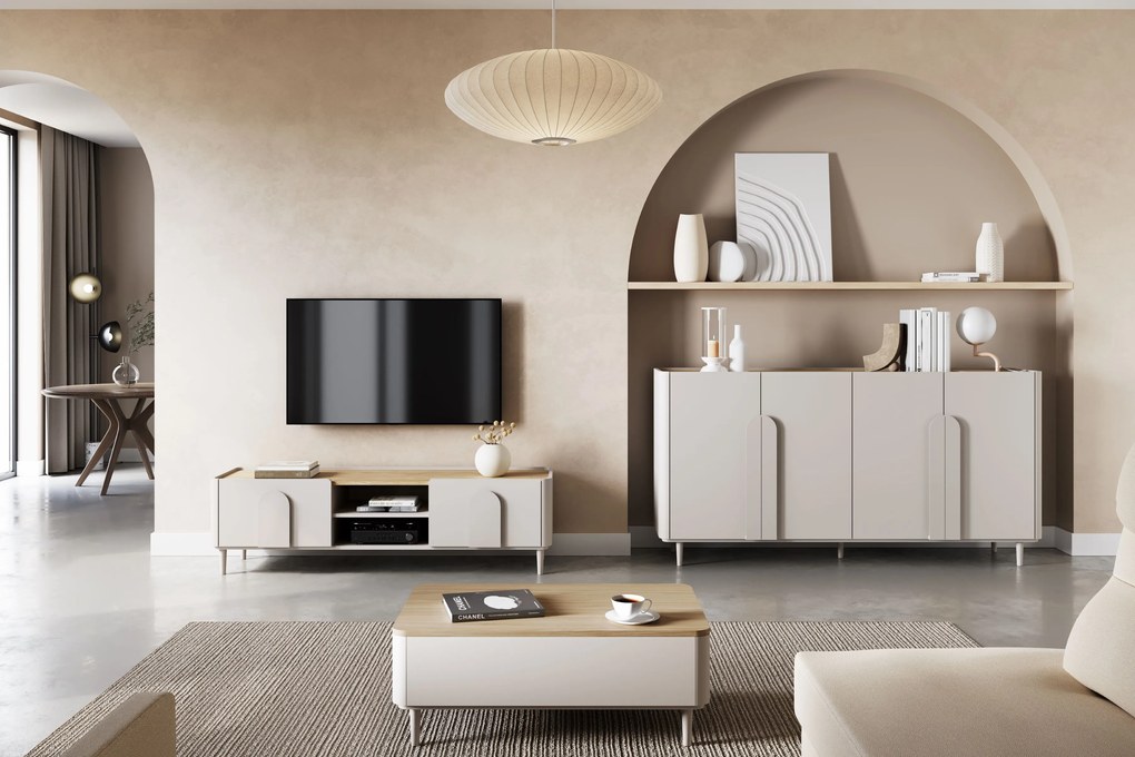 Stolik kawowy Amilio 100 cm z szufladami na nóżkach - kaszmir / dąb olejowany