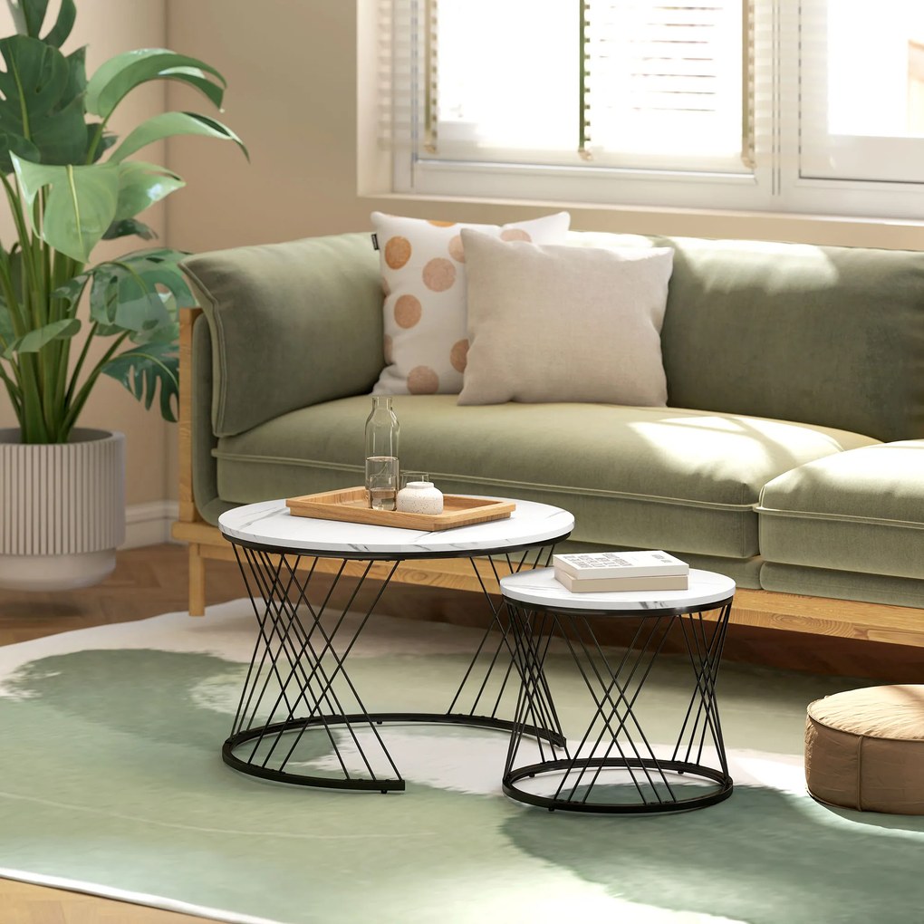 HOMCOM Okrągłe stoły kawowe w zestawie 2 szt., marmurowa powierzchnia, płyta wiórowa, metal, łatwość w przechowywaniu, Biały