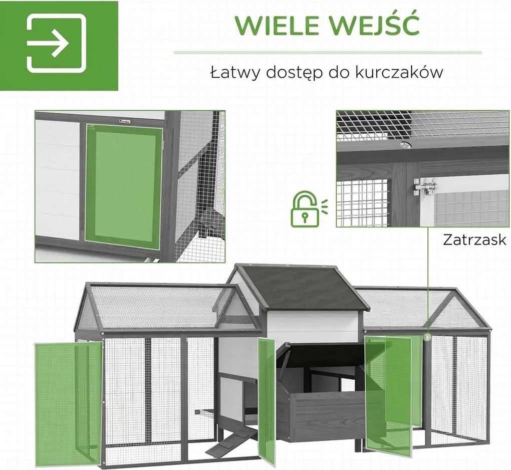 PawHut Kurnik dla małych zwierząt 2 wybiegi zewnętrzne, 1 gniazdo, 2 rampy, dach asfaltowy, odporny na warunki atmosferyczne, Szary
