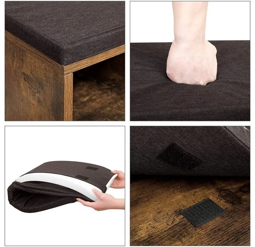 Szafka na buty z tapicerowaną ławką GABI, 10 przegródek, 104x30x48cm, czarna/ciemny brąz Jurhan