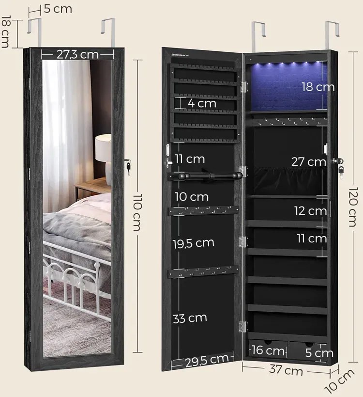 Czarna szafka na biżuterię z lustrem na drzwi F5-P77