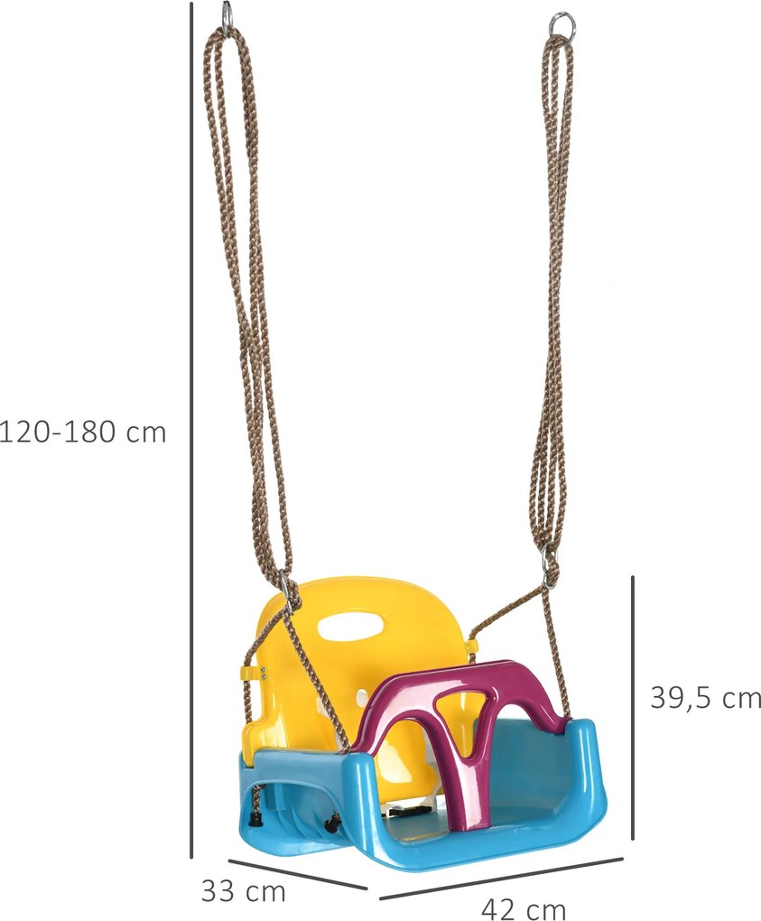 Outsunny huśtawka 3w1 dla dzieci z regulacją sznurka niebieska żółta fioletowa bezpieczna zabawa | Aosom PL
