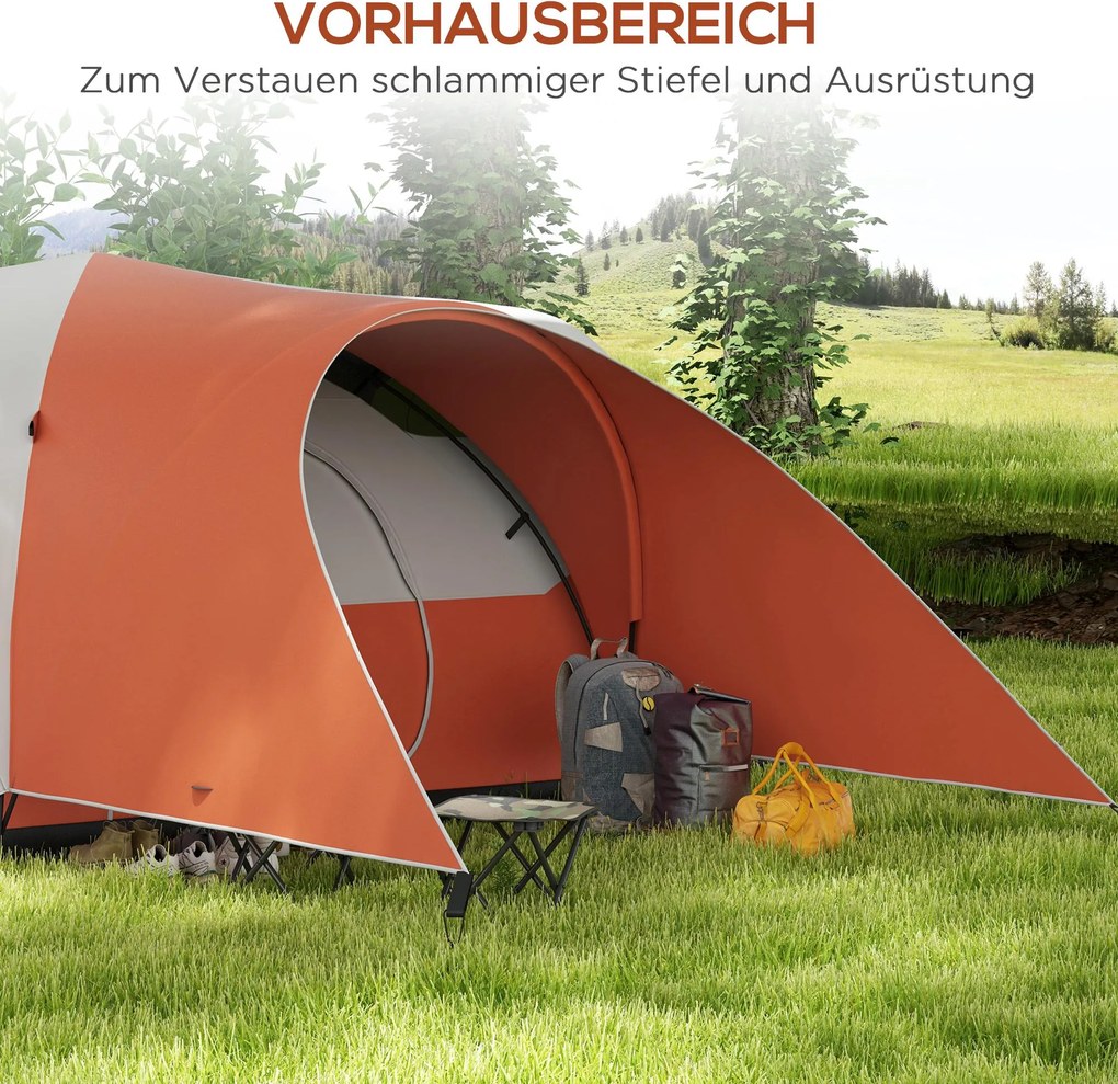 Outsunny Namiot kempingowy dla 5-6 os., Namiot rodzinny, wodoodporny, z przedpokojem, 550L x 300B x 198Wcm, Pomarańczowy