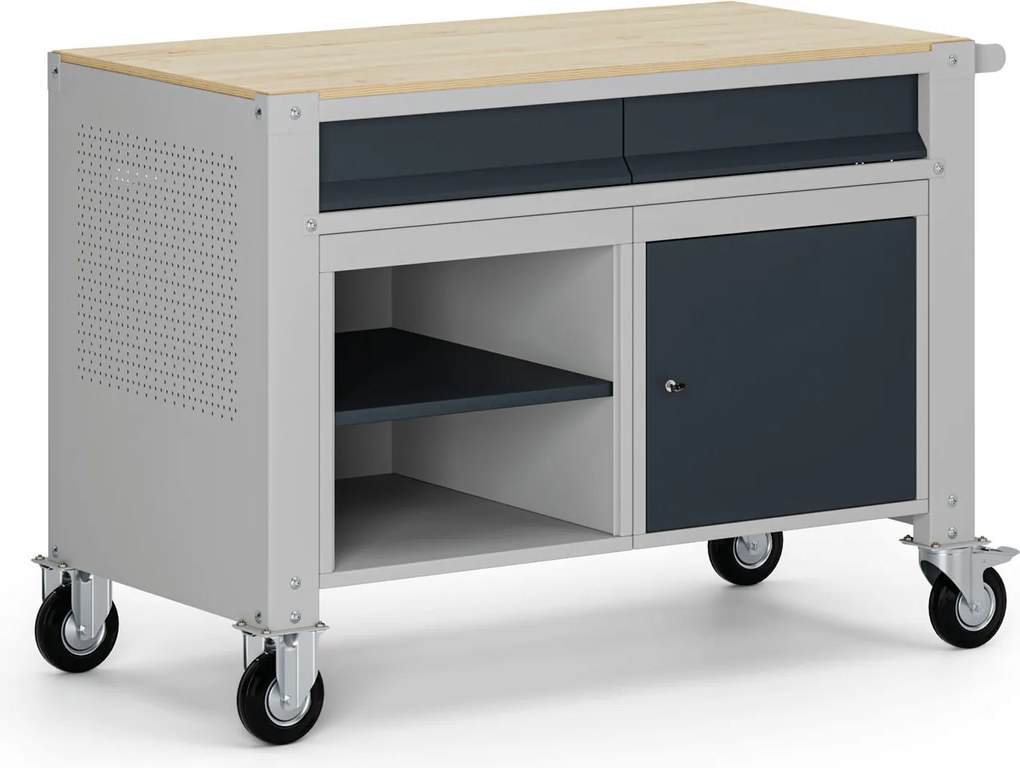 Mobilny stół warsztatowy G9, 1 półka, 1 szafka, 2 szuflady, 1180 x 595 x 865-1130 mm, szary/grafitowy