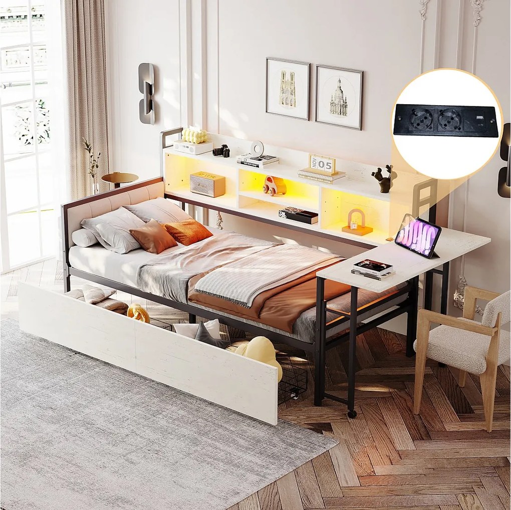 Łóżko dzienne 90x200 cm - łóżko dla dorosłych z oświetleniem LED i portem ładowania, 2 szufladami i biurkiem - białe - materac nie jest wliczony w cenę