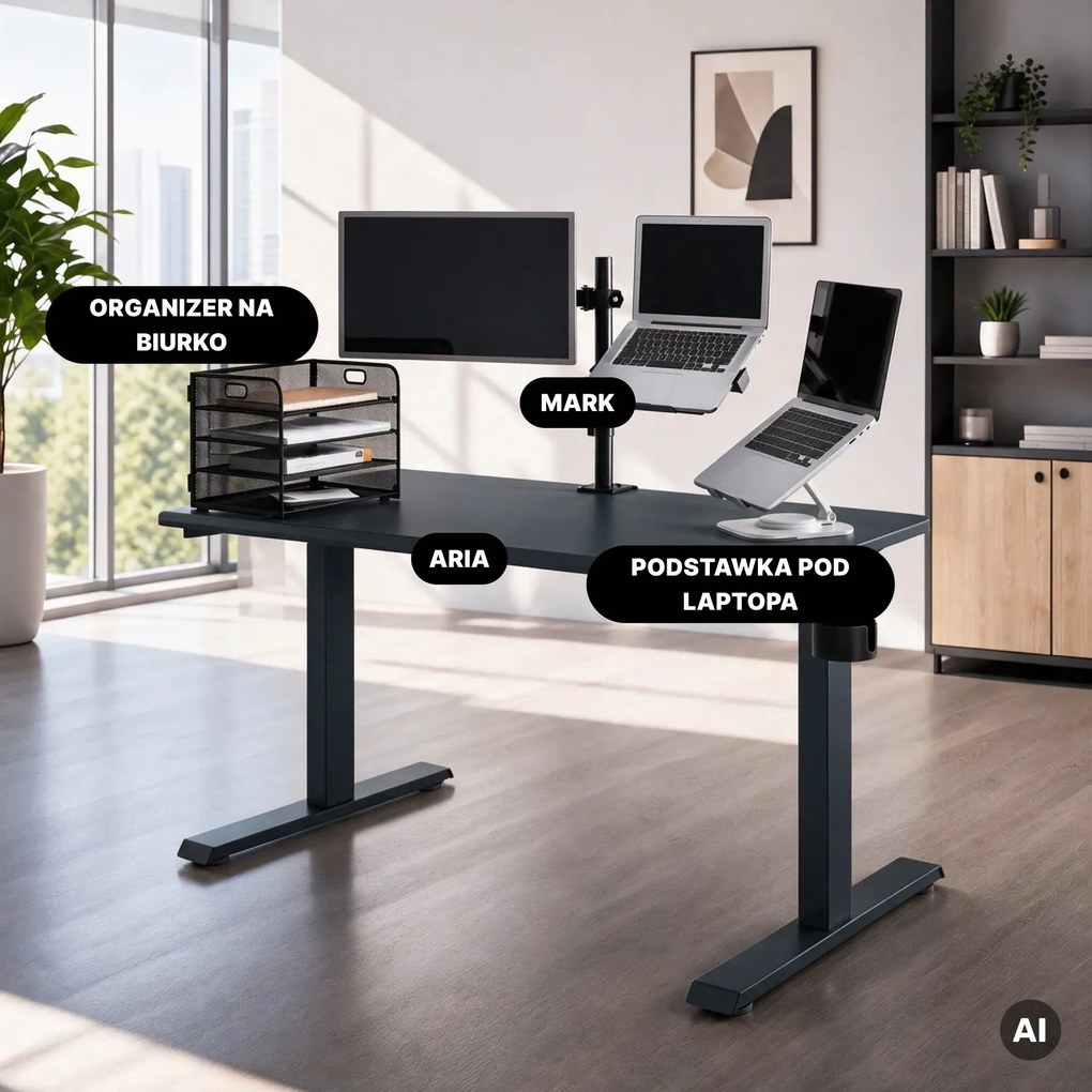 Biurko elektryczne z regulacją wysokości ergonomiczne antracytowe,1200x600 mm: ARIA