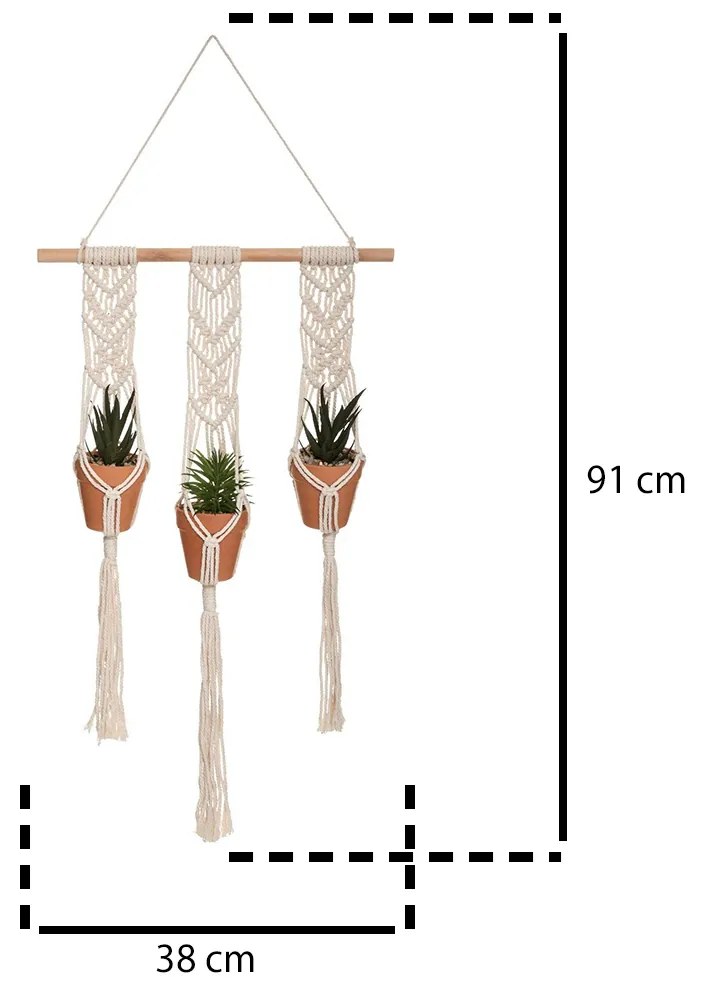 Makrama kwietnik na ścianę, 3 sztuczne rośliny
