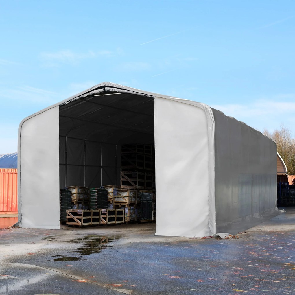 TOOLPORT 8x36m Hala namiotowa - 4 m wysokość ścian bocznych z 4x4,6m brama, PRIMEtex 2300, szary, ze statyką (podłoże betonowe) - (49478)