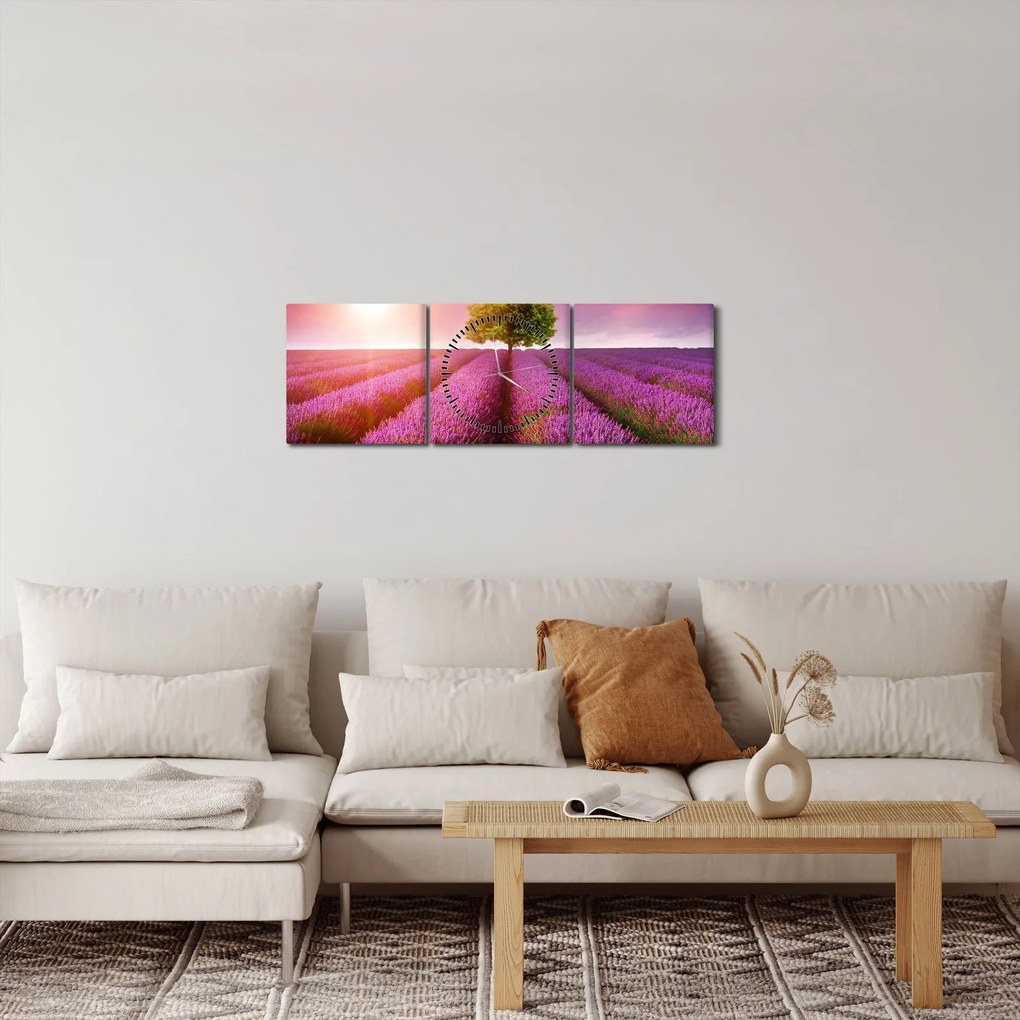 Obraz pola z lawendą (z zegarem) (90x30 cm)