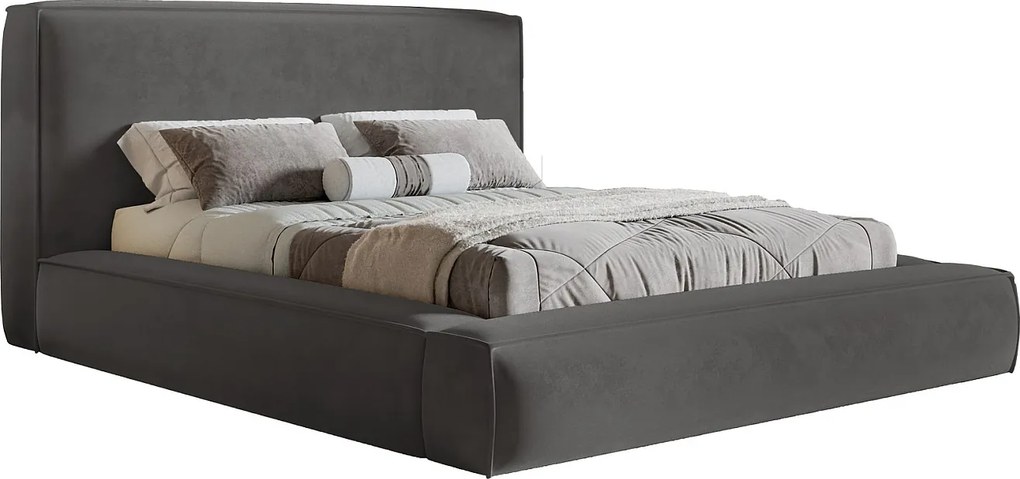 Łóżko tapicerowane 160x200 Karano z lamówką - pojemnik i stelaż metalowy - welur, ciemny szary (Amor Velvet 4321)
