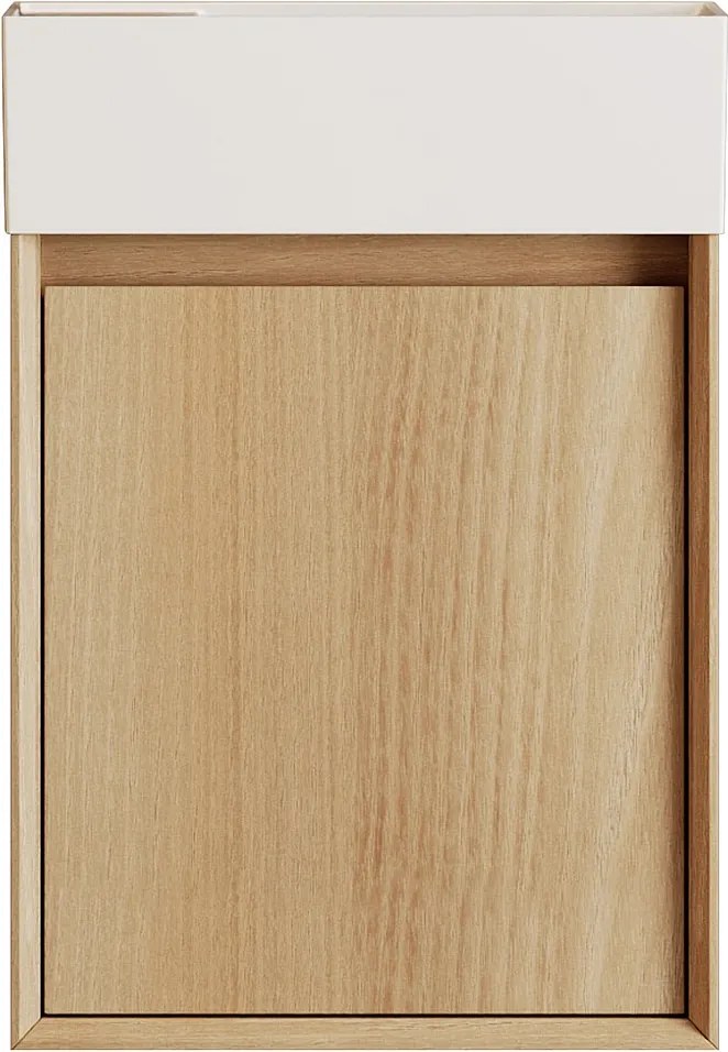 Wisząca szafka z umywalką do łazienki, umywalka z żywicy w kolorze białym mat – Jasny naturalny – 40 x 25,5 x 57 cm – SOREL