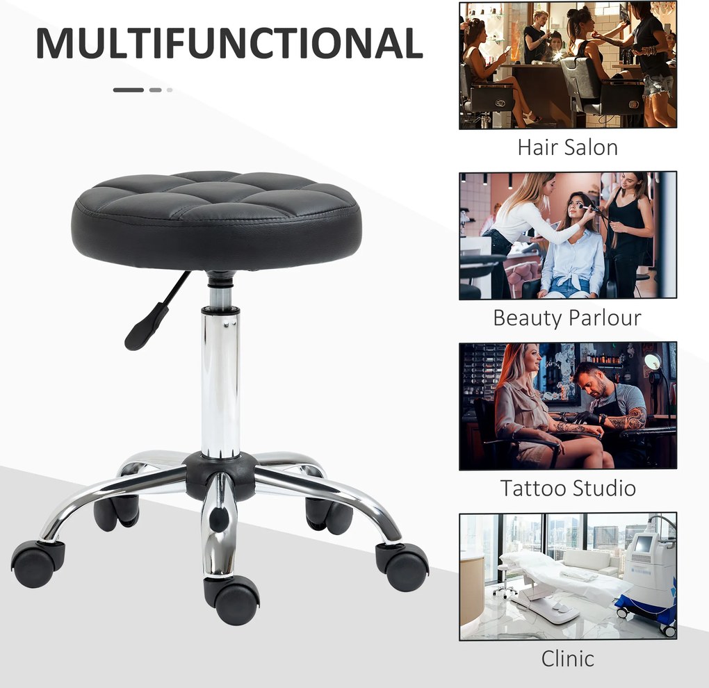 HOMCOM Taboret Obrotowy, Salonowy, Regulowany, Skóra Ekologiczna, Pikowany, Czarny/Srebrny