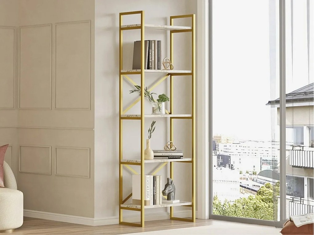 Regał na książki – 58 x 30 x 175 cm – Marmur i złoto – Płyta wiórowa pokryta melaminą w 100%