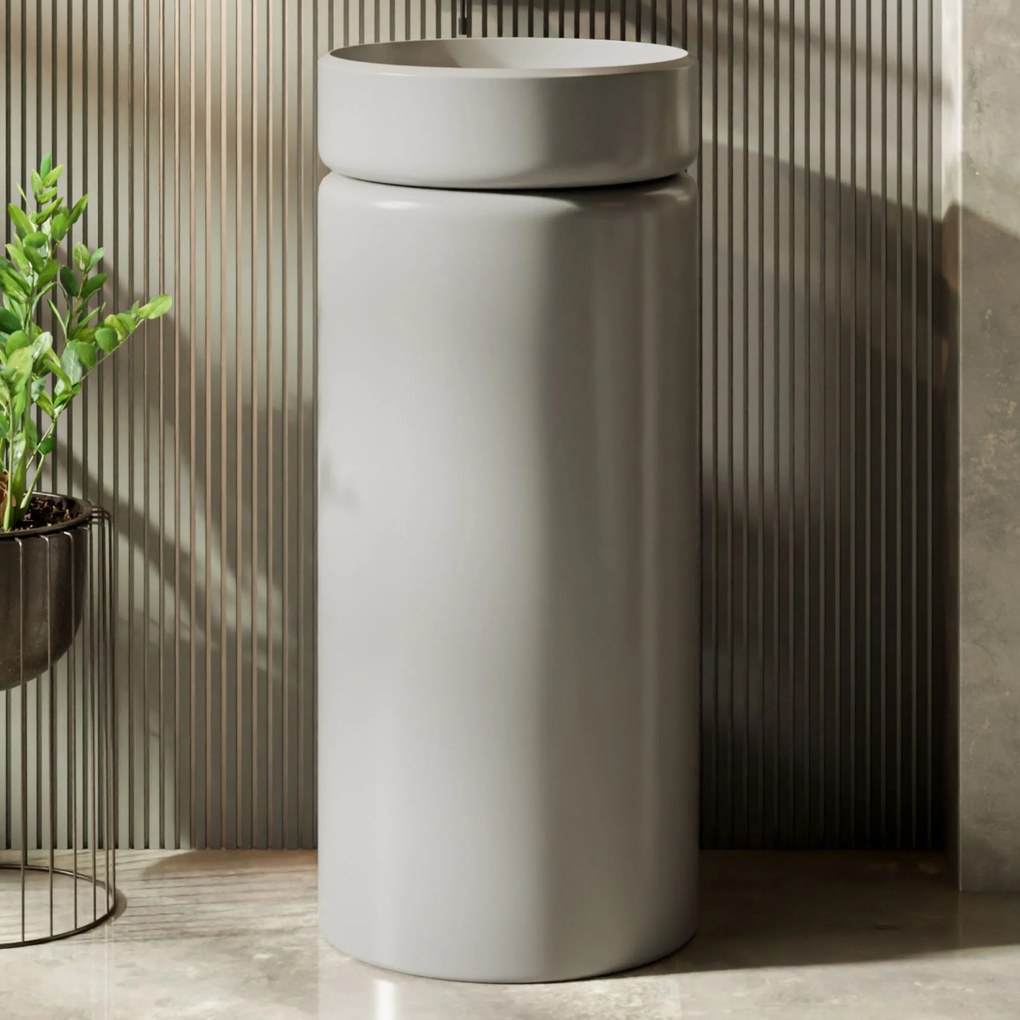 Umywalka z konglomeratu wolnostojąca okrągła szara błyszcząca 85 x 40 cm RONA Grey Glow : Podłączenie syfonu - Do podłogi