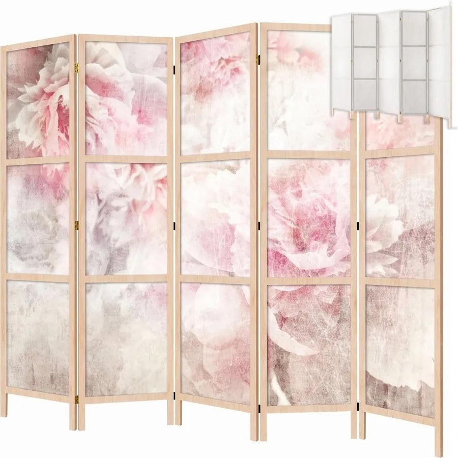 Parawan pokojowy 5-częściowy 225x172 drewniany japoński Jednostronny dekoracyjny romantic shabby chic Piwonie W Bieli