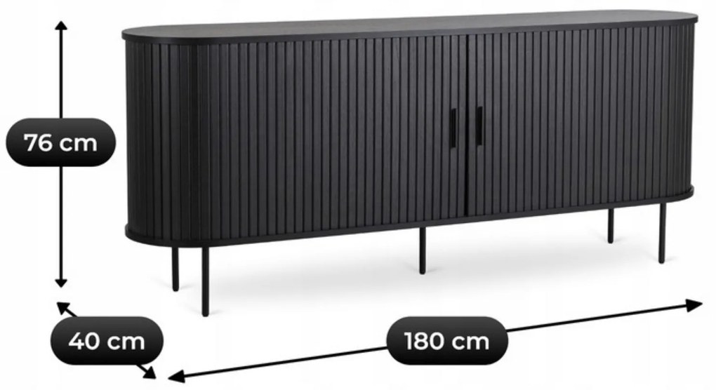 Komoda do Salonu Rozsuwana TRISH 180 cm Czarna Dwudrzwiowa Ryflowana Nowoczesna