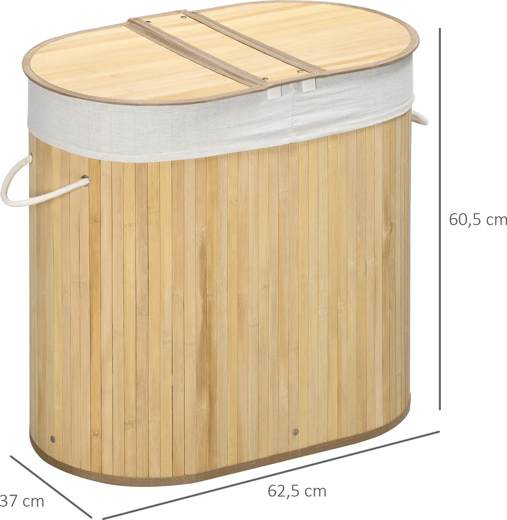 HOMCOM Kosz na bieliznę 100L z wyjmowaną ławą do prania 62,5 cm x 37 cm x 60,5 cm Naturalny + Biały