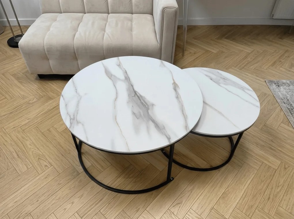 Zestaw 2 okrągłych stolików kawowych MARBLEX, czarny/biały marmur