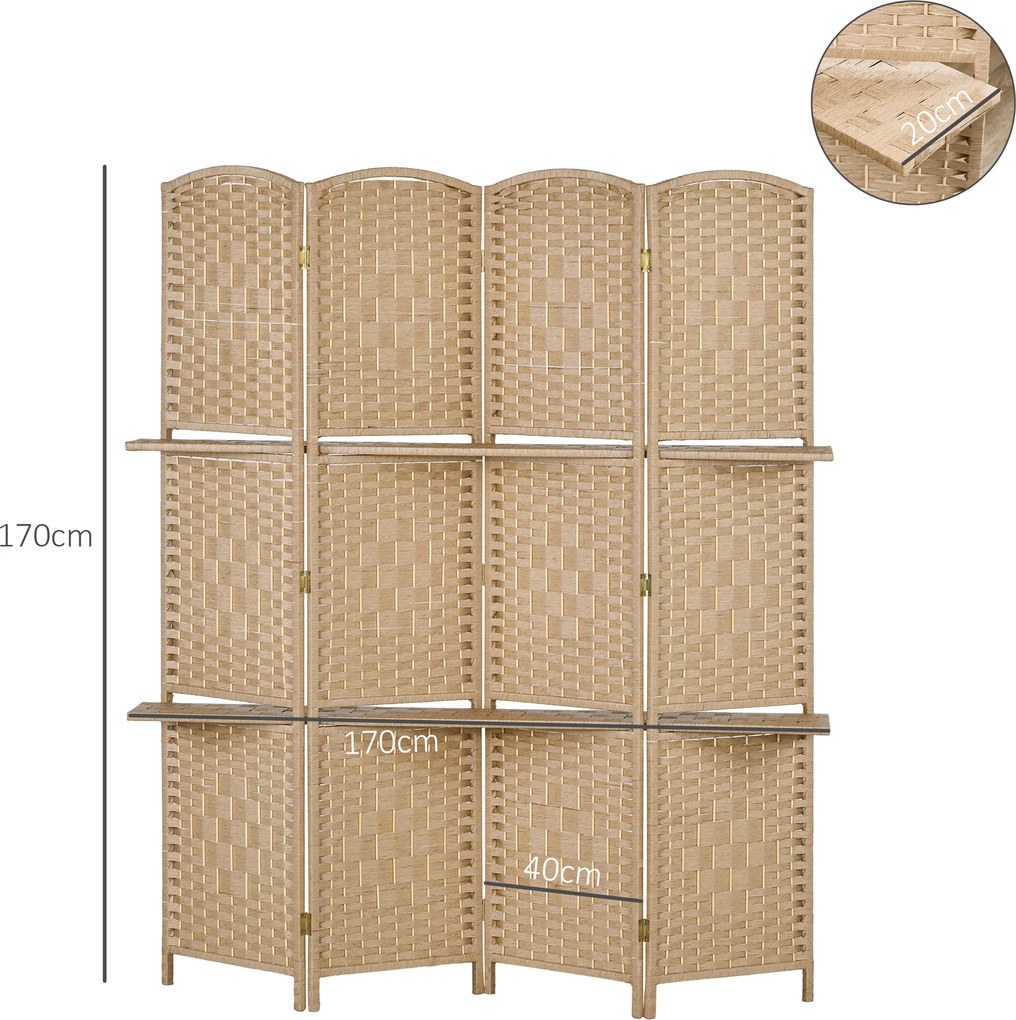 HOMCOM 4-częściowy parawan, 160 x 170 cm, składana przegroda z 2 półkami | Aosom PL