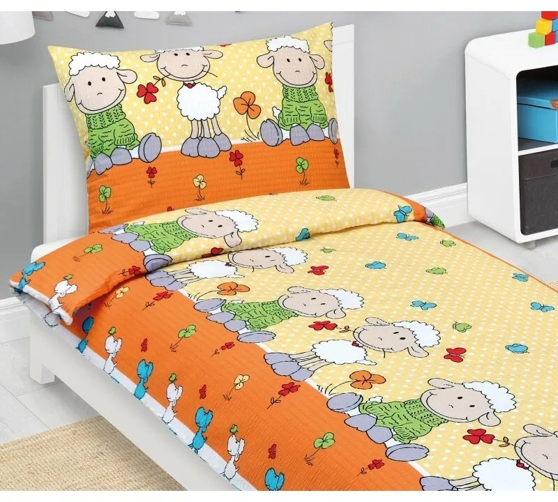 Bellatex Pościel dziecięca z krepy Sheep żółta,140 x 200, 70 x 90 cm