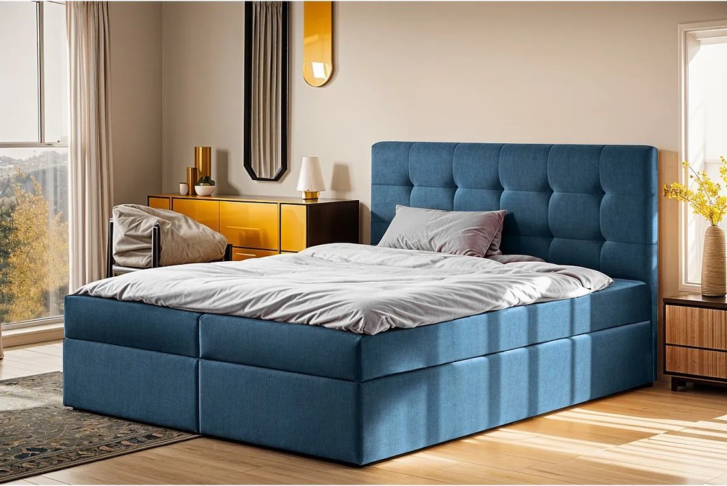 Łóżko kontynentalne z materacem i pojemnikiem LUDANO, tkanina Noel, Niebieski, 120x200 cm, H3-Bonell