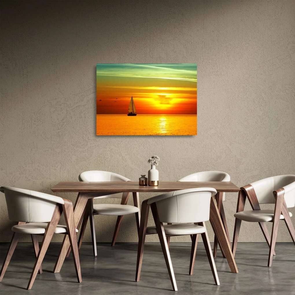 Obraz na szkle - zachód słońca z jachtem (70x50 cm)