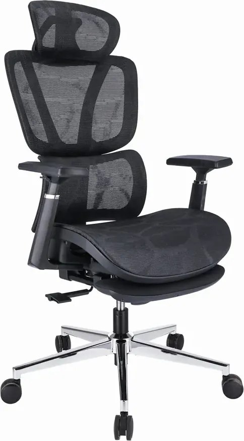 Czarny ergonomiczny fotel obrotowy z zagłówkiem i podnóżkiem L8-L77