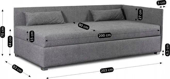 Łóżko Tapczan Młodzieżowe KARO 2 90x200 cm Narożne Szare