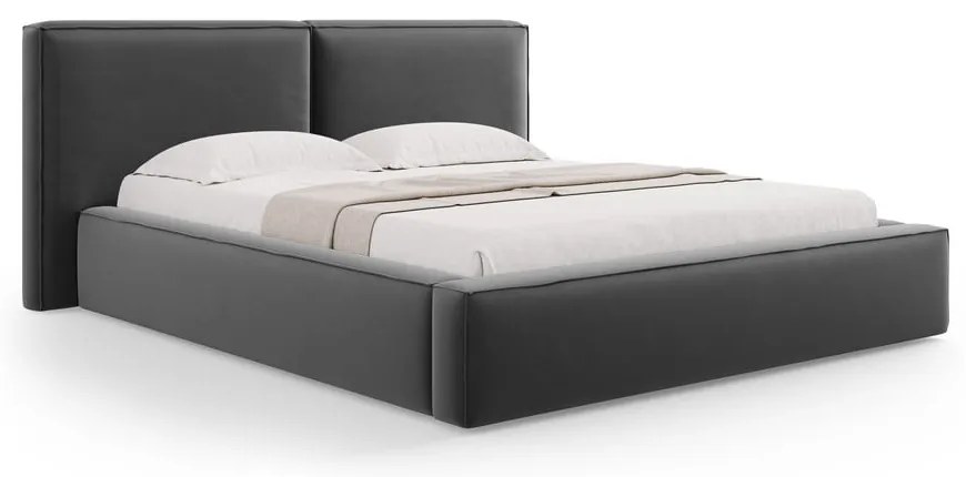 Ciemnoszare aksamitne tapicerowane łóżko dwuosobowe ze schowkiem i stelażem 180x200 cm Arendal – Cosmopolitan Design