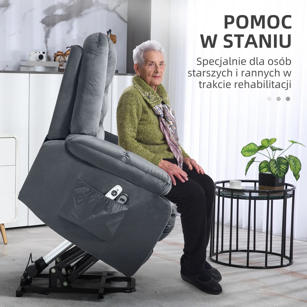 HOMCOM Fotel masażowy dla seniorów z funkcją wstawania 8 punktów masażu szary z bocznymi kieszeniami | Aosom PL