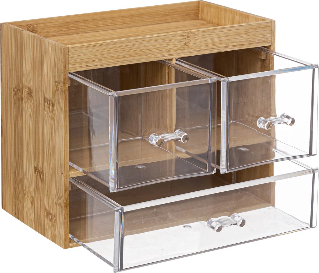 Organizer na kosmetyki z trzema przezroczystymi szufladkami + półeczka