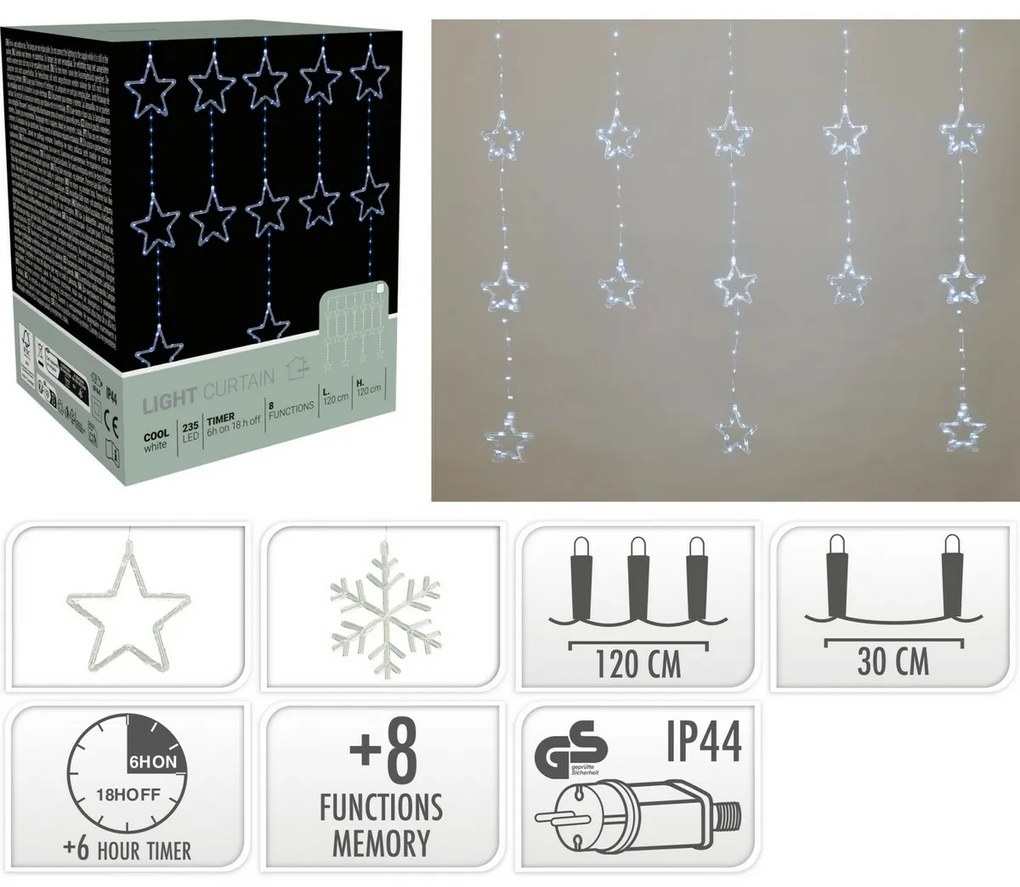 Kurtyna świetlna zewnętrzna Snowflakes, 120x120 cm, LED, zimna biała timer, 8 funkcji, na baterie, 120 cm