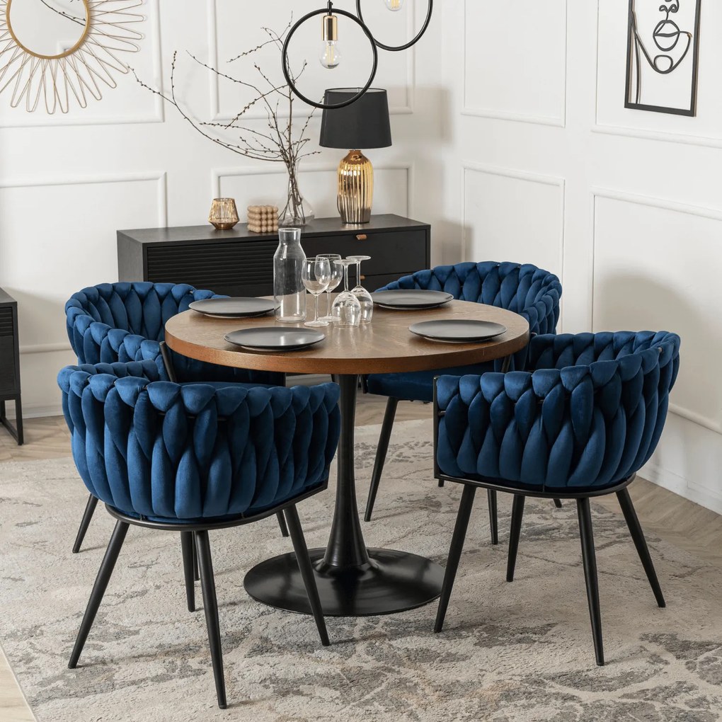 Krzesło Tapicerowane Plecione do Salonu ELENA Granatowe Welurowe Nowoczesne Loft