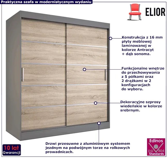 Szafa przesuwna antracyt + dąb sonoma 180 cm - Bohosa 5X