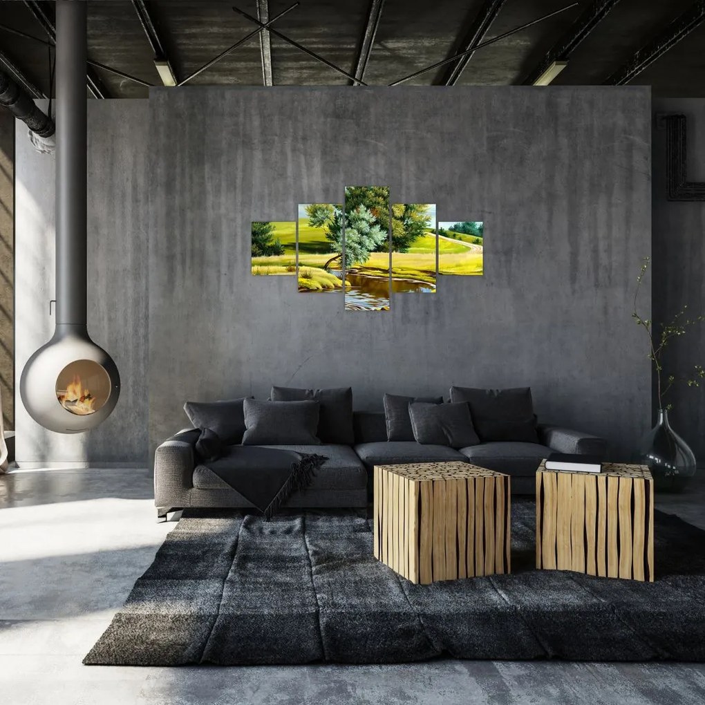 Obraz - rzeka między łąkami, obraz olejny (125x70 cm)