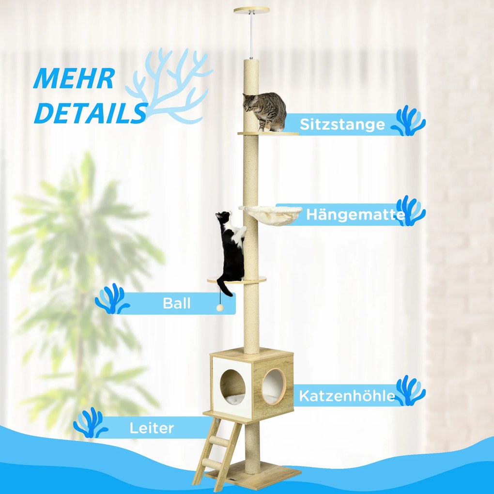 PawHut Drzewko do Drapania od Podłogi do Sufitu Jasnobrązowe | Aosom PL