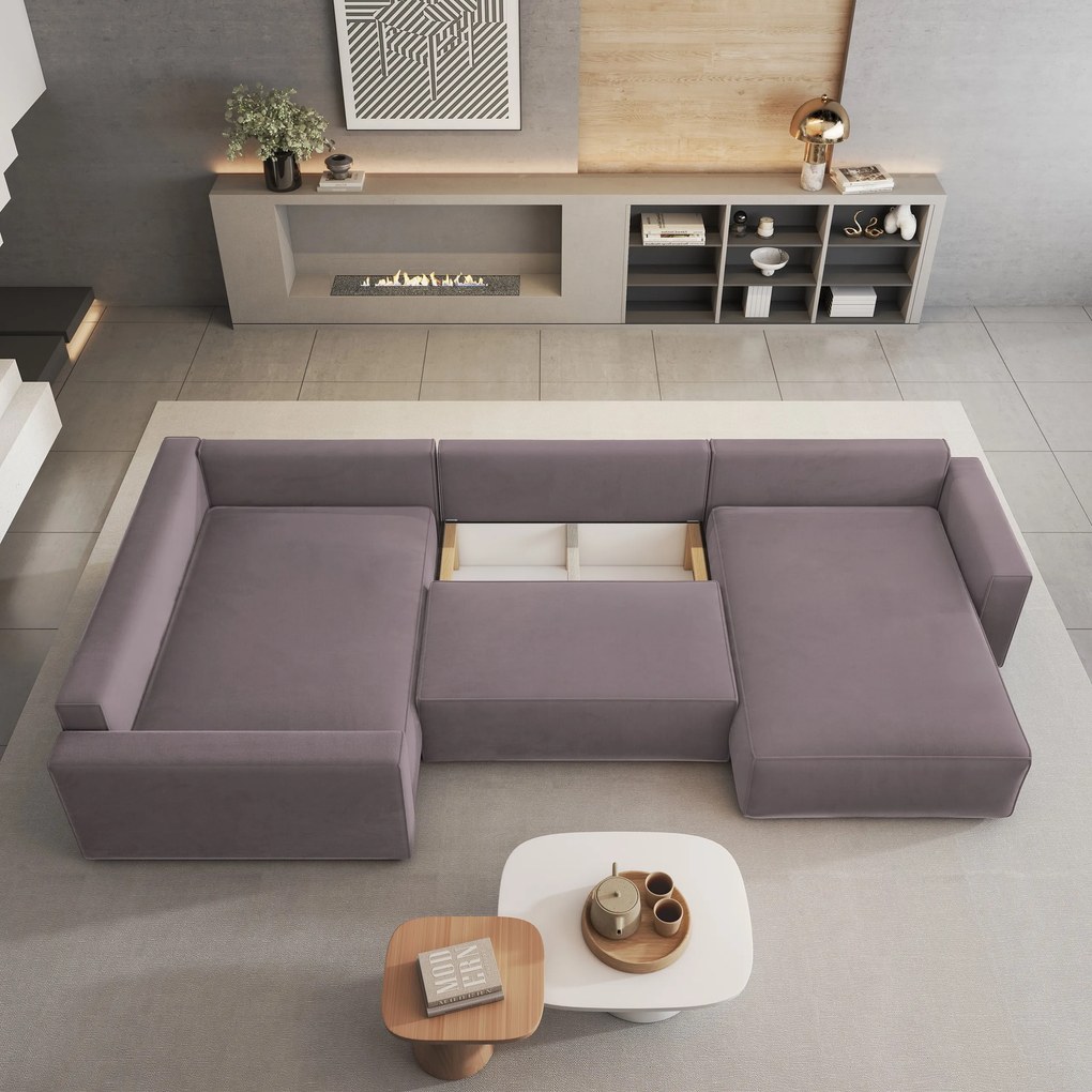 Masseno Narożnik VELAMI z funkcją spania i pojemnikiem na pościel Narozniki U, Rozkładana sofa - Wrzosowy, MONOLITH 62