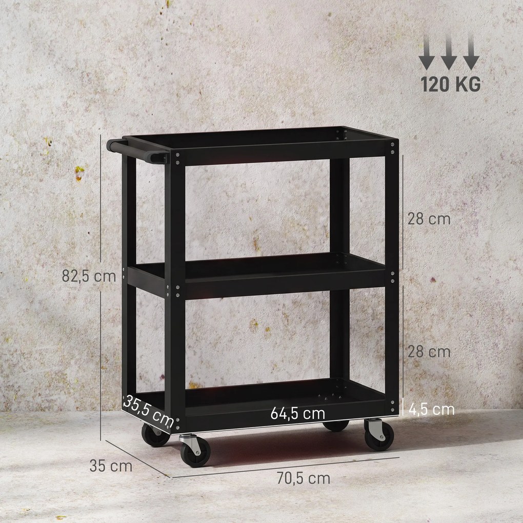 HOMCOM Wózek warsztatowy z 3 półkami i bocznym uchwytem, 4 kółka, 70,5 x 35 x 82,5 cm, czarny | Aosom PL