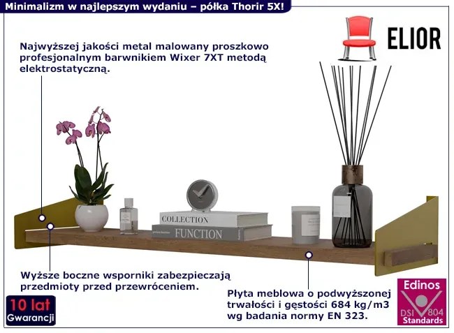 Wisząca półka z metalowymi wspornikami złoty + dąb lancelot Palmira 4X