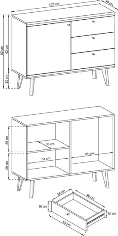 Komoda Bliwon 1-drzwiowa + 3-szuflady 107 cm skandynawska dąb riviera/biały nowoczesna szafka drewniane nogi