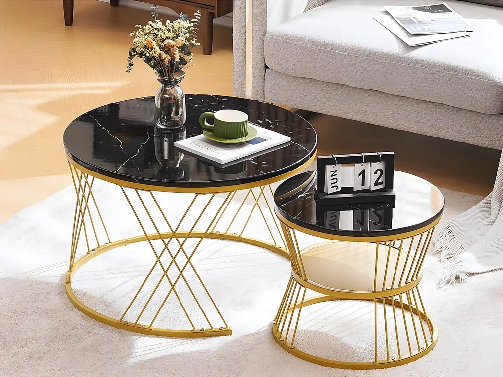 Zestaw 2 stolików nocnych - okleina w marmurowy wzór - złota konstrukcja - czarny
