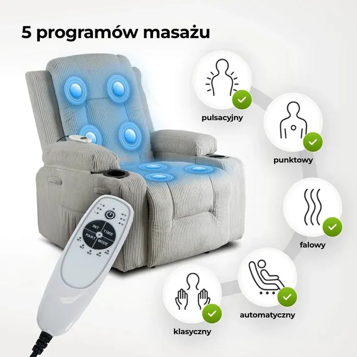 Fotel Masujący BOX Rozkładany Wypoczynkowy z Podnóżkiem Szary Sztruksowy Loft