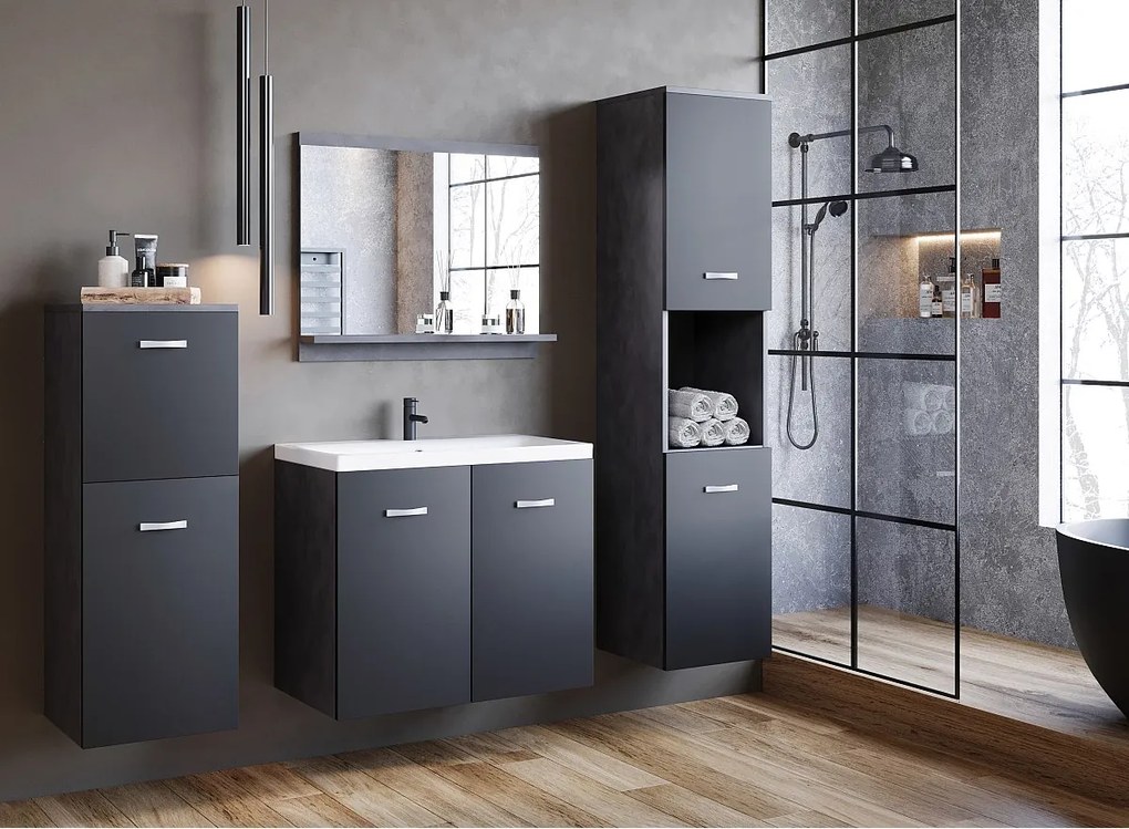 meble łazienkowe, zestaw wiszący do łazienki z umywalką, lustrem i 2 słupkami, czarny grafit mat