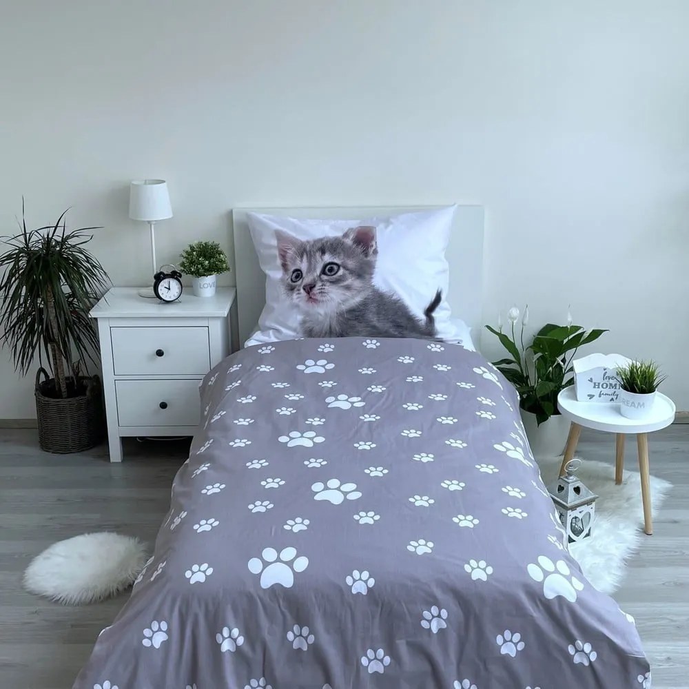 Biało-szara bawełniana pościel dziecięca jednoosobowa 140x200 cm Kitten "Grey" – Jerry Fabrics