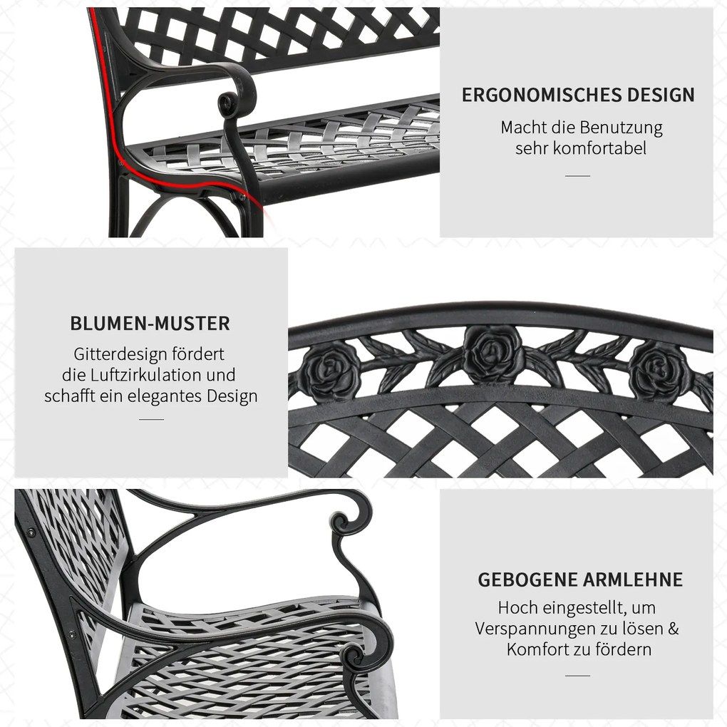 Ławka Ogrodowa Outsunny dla 2 osób z Aluminiową Ramą i Podłokietnikami – Elegancki Design w Kolorze Czarnym
